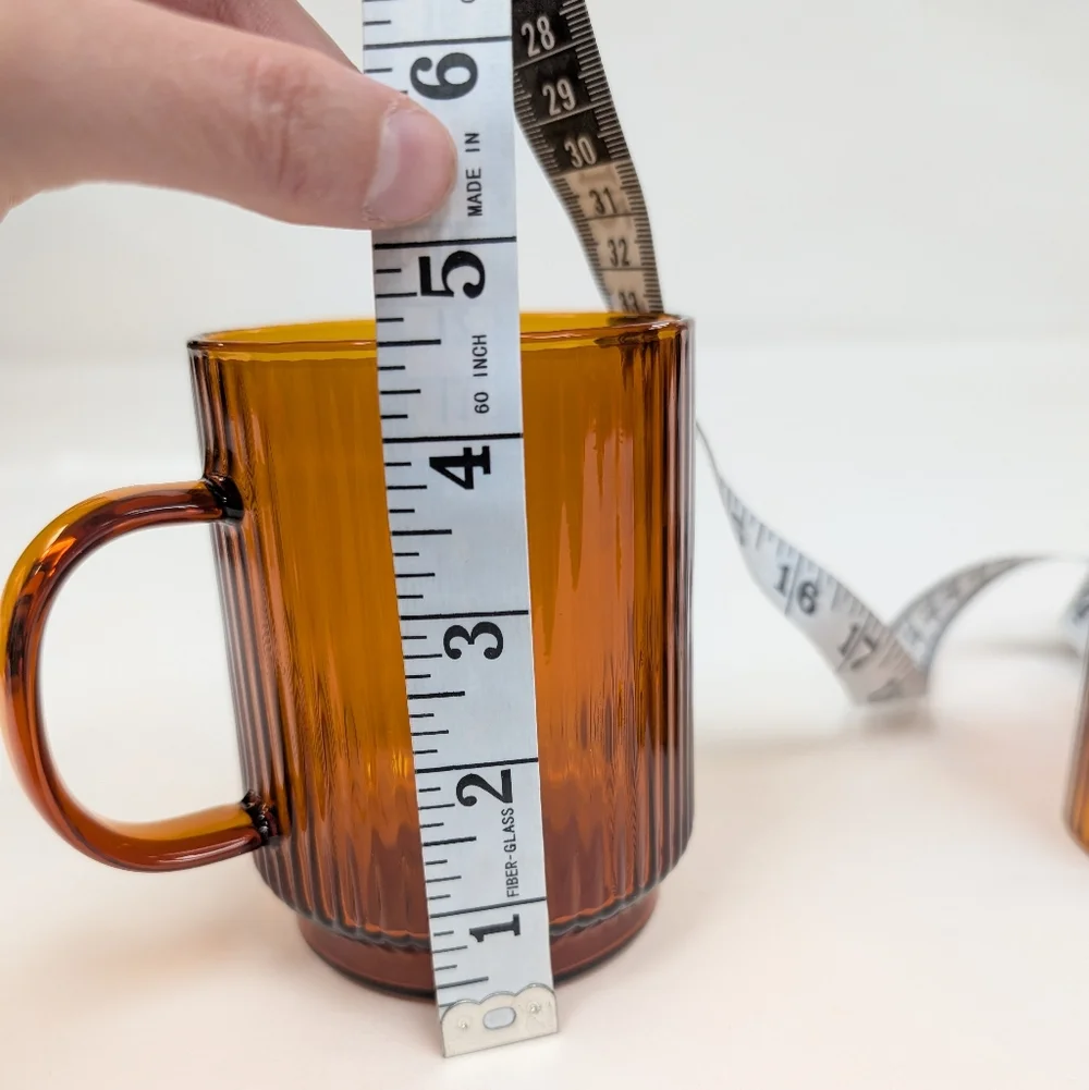 Vintage Amber Glass Coffee Mugs, Mid-Century Modern (MCM) Ribbed Fluted